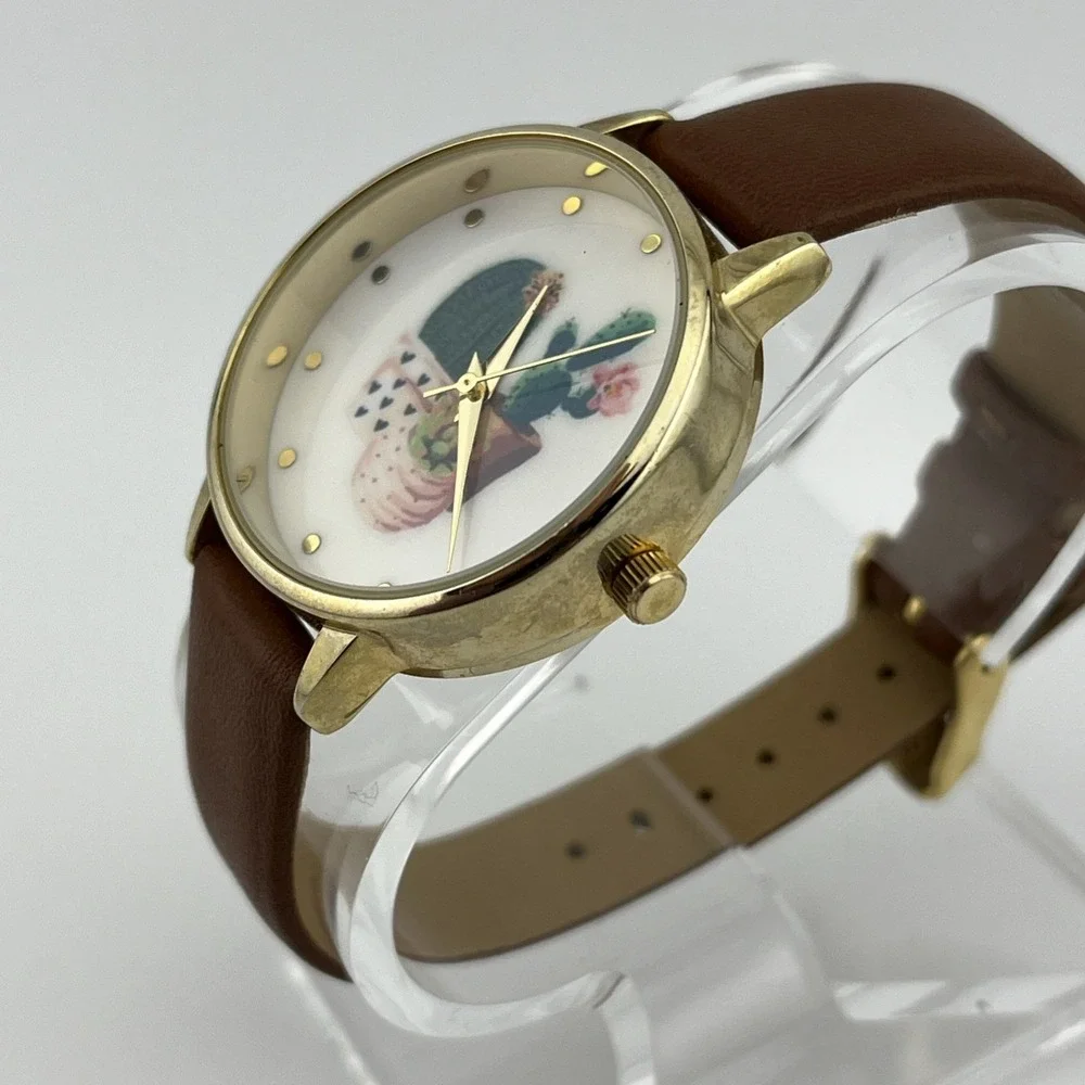 QRTZ Cactus Dial Watch Women‎ 34mm Gold Case Petite Brown Band- New Battery